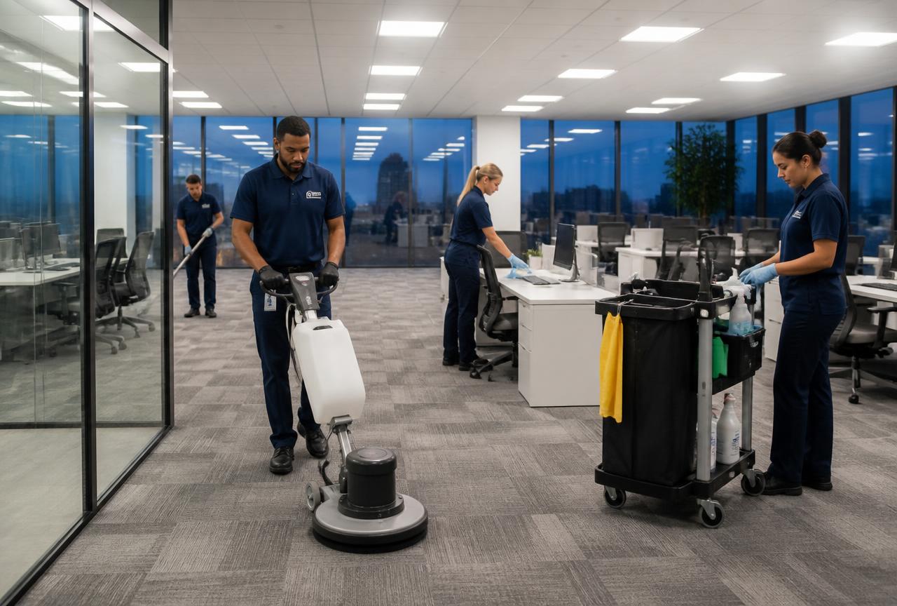 Commercial cleaning team using a floor machine and supply cart in an office at night