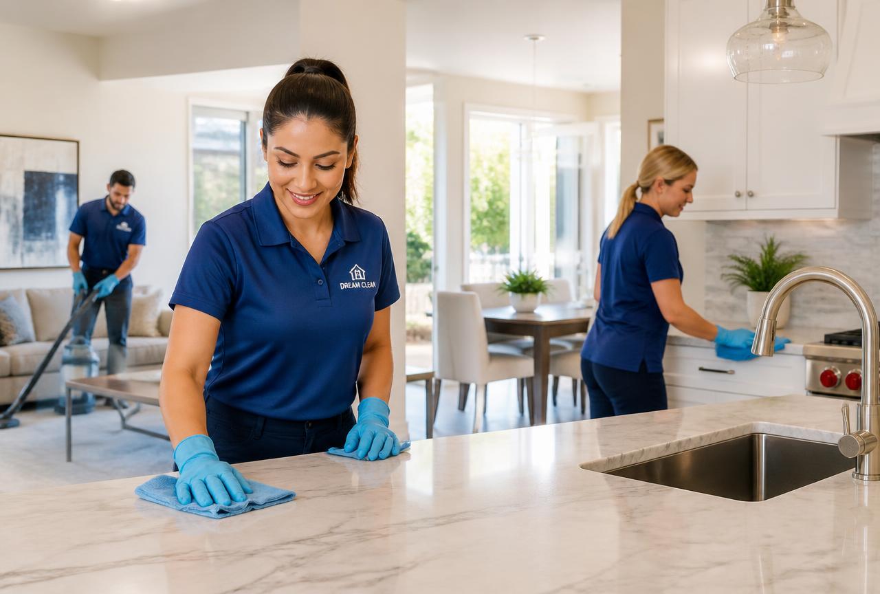 Cleaning crew in matching uniforms cleaning the kitchen and living room of a bright home