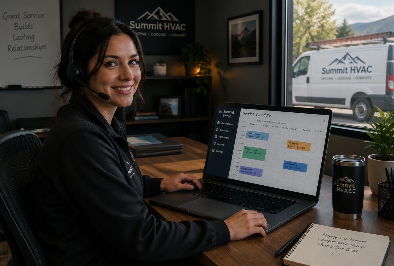 HVAC customer service representative with a headset booking a service call on a laptop
