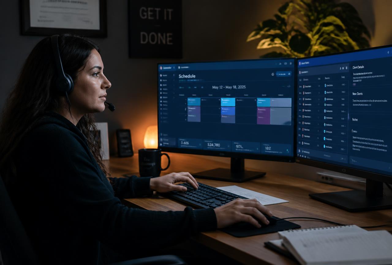 Remote dispatcher working on a scheduling dashboard with a headset